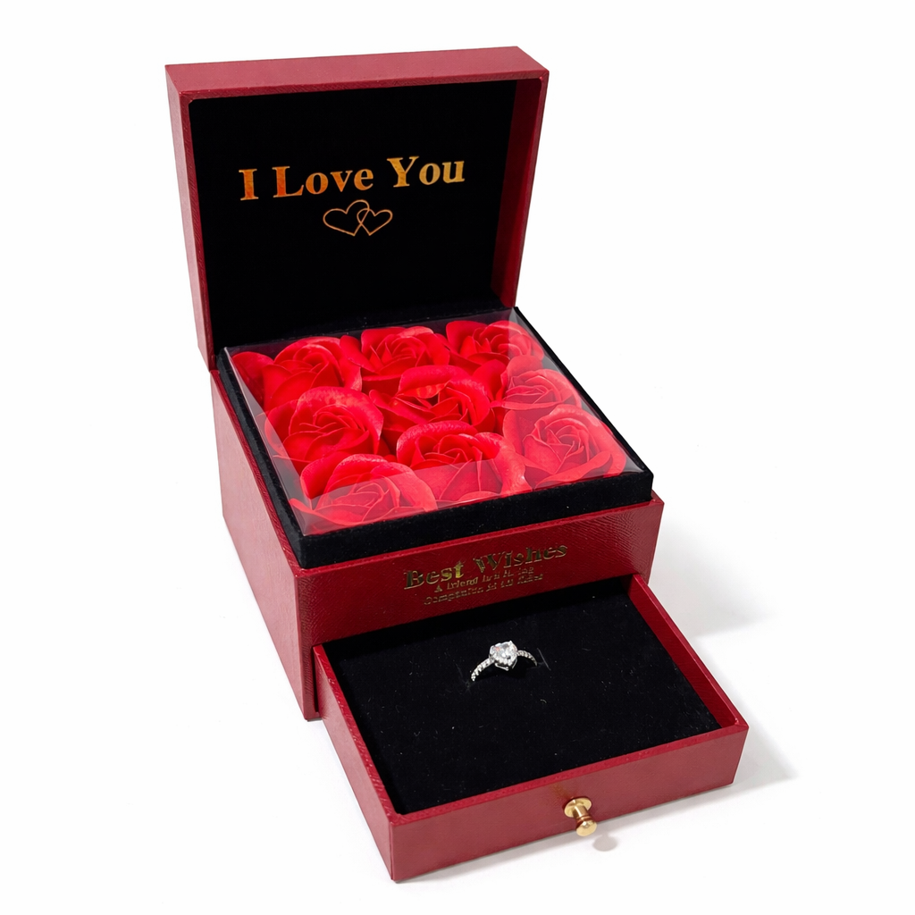 Cutie 9 trandafiri cu bijuterie