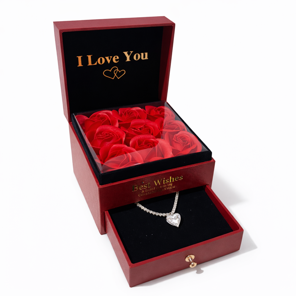 Cutie 9 trandafiri cu bijuterie