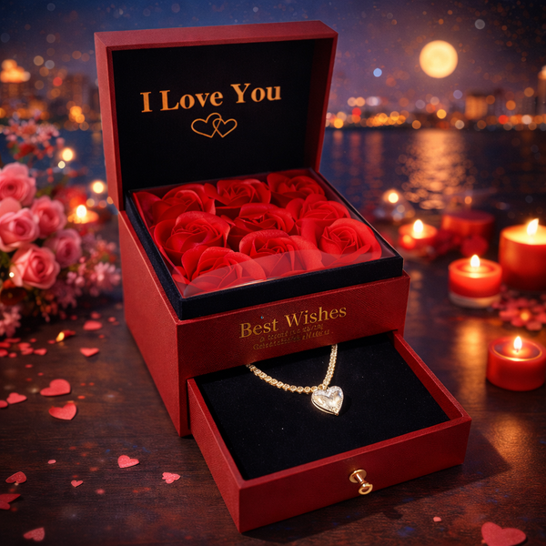 Cutie 9 trandafiri cu bijuterie