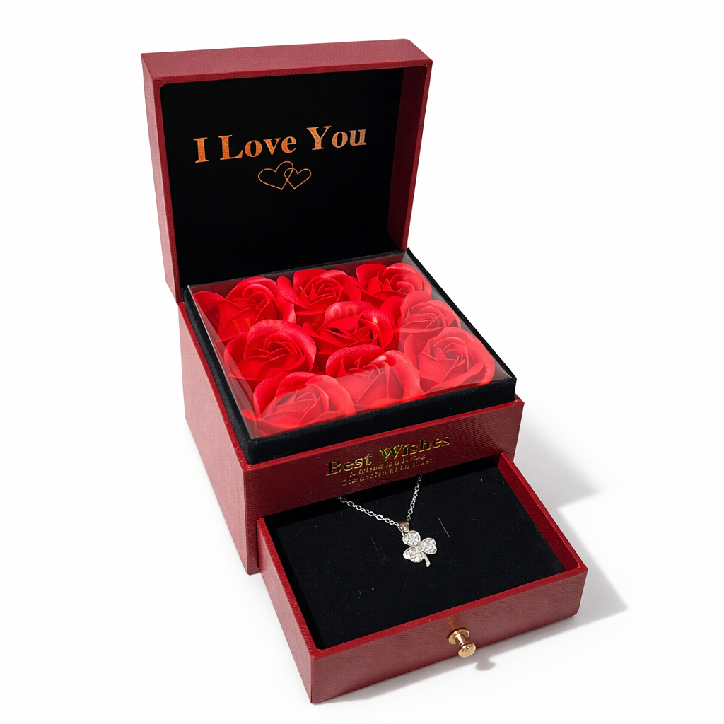 Cutie 9 trandafiri cu bijuterie